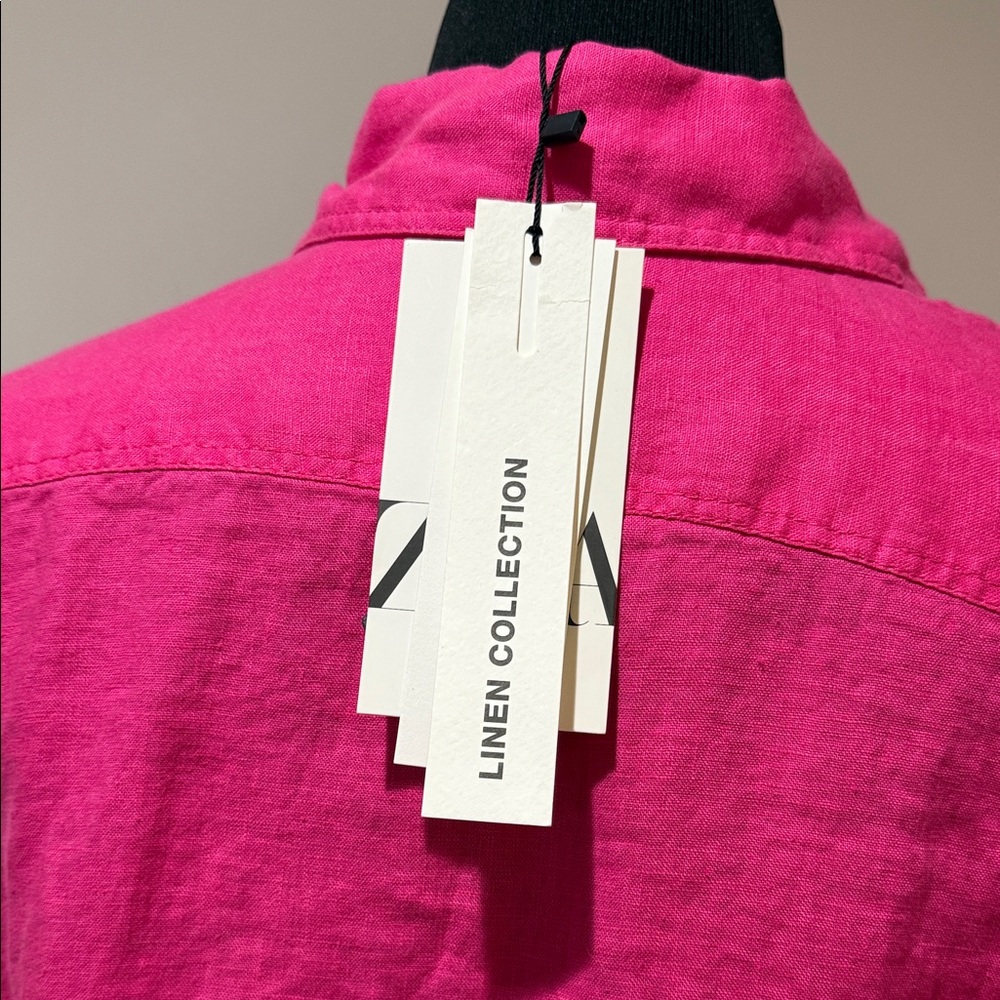 Zara Hot Pink LINEN Button-down cropped Women's Top, Large, oversized fit. - Picture 5 of 10